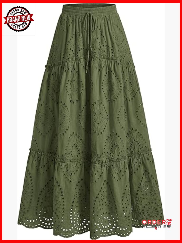 Embroidered Eyelet Maxi Skirt Flowy Tiered Boho Beach Vacation